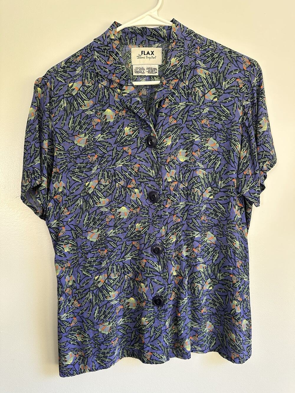 Vintage Flax Jeanne Engelhart Button Front Blouse Size Small Bee Floral Pattern